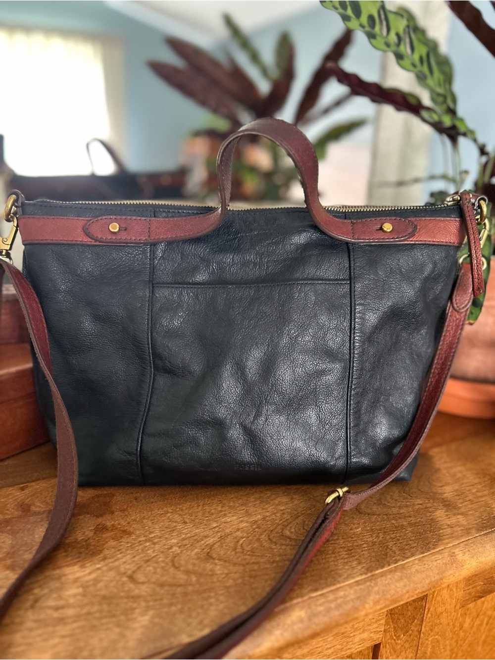 Fossil Sadie Satchel Crossbody, Genuine Leather, Black and Cognac Brown, Women’s